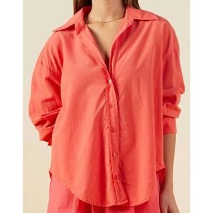 Monrow Women's Poplin Oversized Button‎ Down Shirt Pink Coral Size Small Preppy